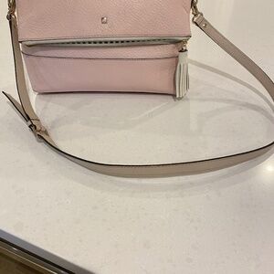 Authentic Kate Spade Crossbody Purse In A Soft Pink Lined n Black Stripe Fabric.